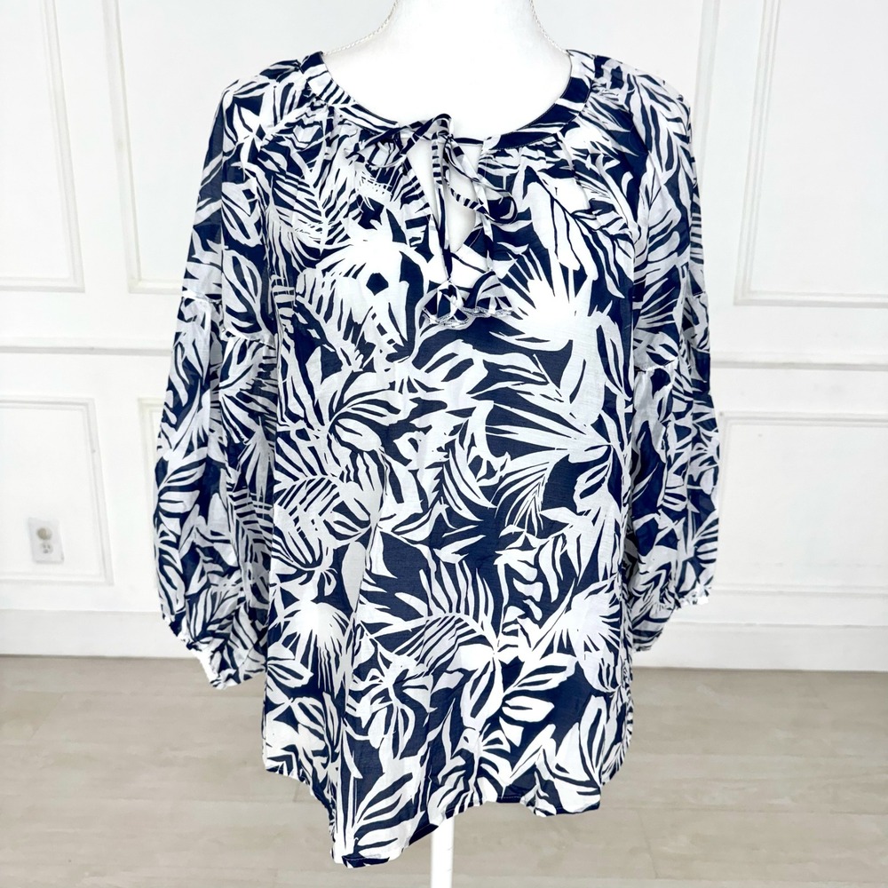 Tommy Bahama Navy White Tropical Leaf Print Balloon Sleeve Tie Neck Blouse Large